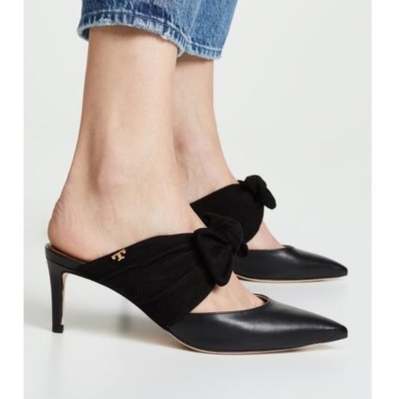 Tory Burch Eleanor Velvet Bow Mules Heels in Black - Picture 4 of 7